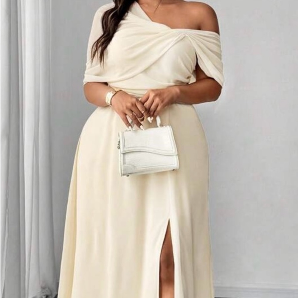 Cream One Shoulder Gown with Slit for Wedding Guest